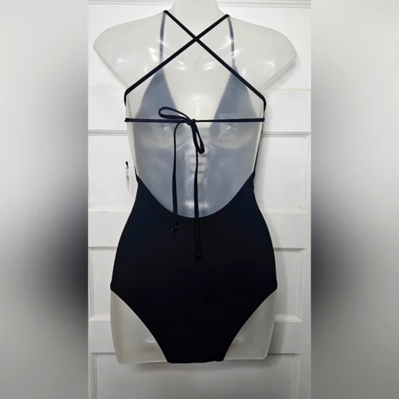 Express Black Halter Swimsuit W/Hip & Chest Cutouts Low CrissCross Back Sz S - Picture 5 of 8